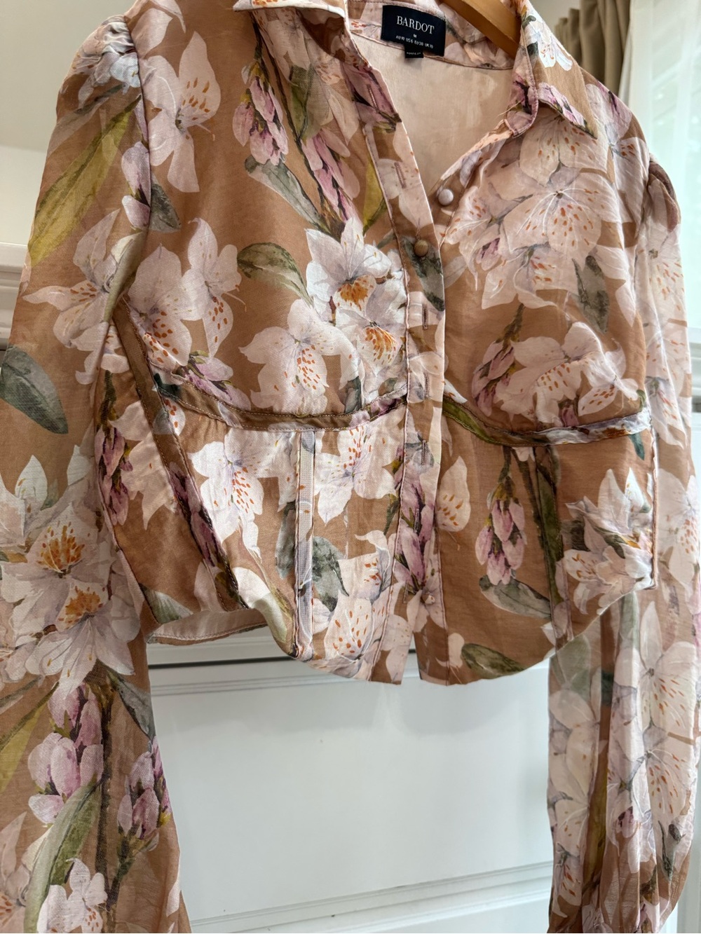 Bardot Sheer Floral Puff-Sleeve Blouse in Pink and Brown - Picture 12 of 15